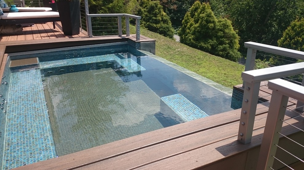 Inspiration for a mid-sized contemporary rooftop rectangular infinity pool in Other with tile.