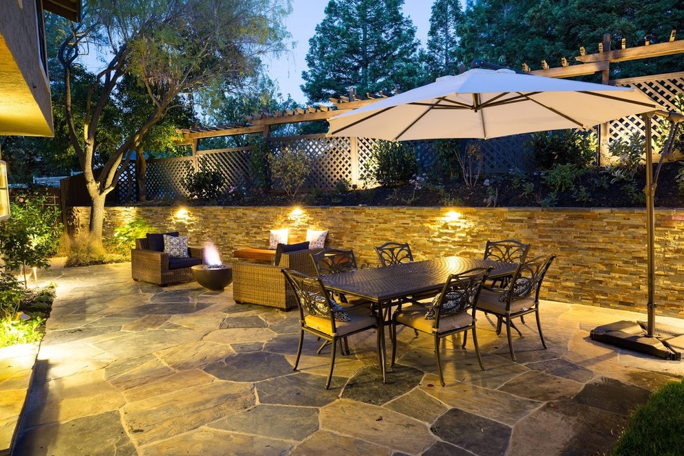 Design ideas for a mid-sized contemporary backyard patio in San Francisco with a fire feature, natural stone pavers and no cover.