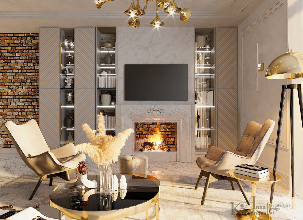 Интерьер гостиной в коттедже Дом с двумя соснами