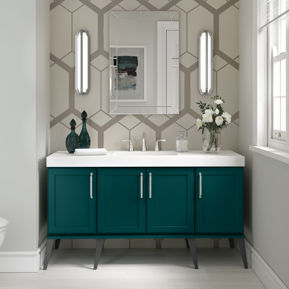 Design ideas for a small transitional 3/4 bathroom in Other with shaker cabinets, turquoise cabinets, grey walls and white benchtops.