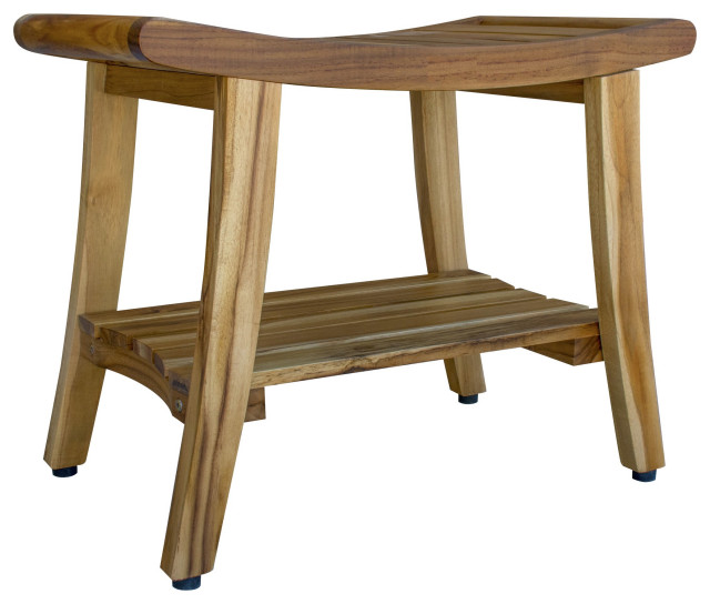 HomeRoots Contemporary Teak Shower Bench With Shelf, Natural Finish