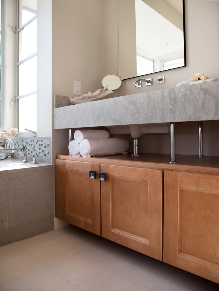 Large contemporary master bathroom in Other with recessed-panel cabinets, medium wood cabinets, an alcove tub, a corner shower, beige tile, beige walls, an undermount sink and mosaic tile.