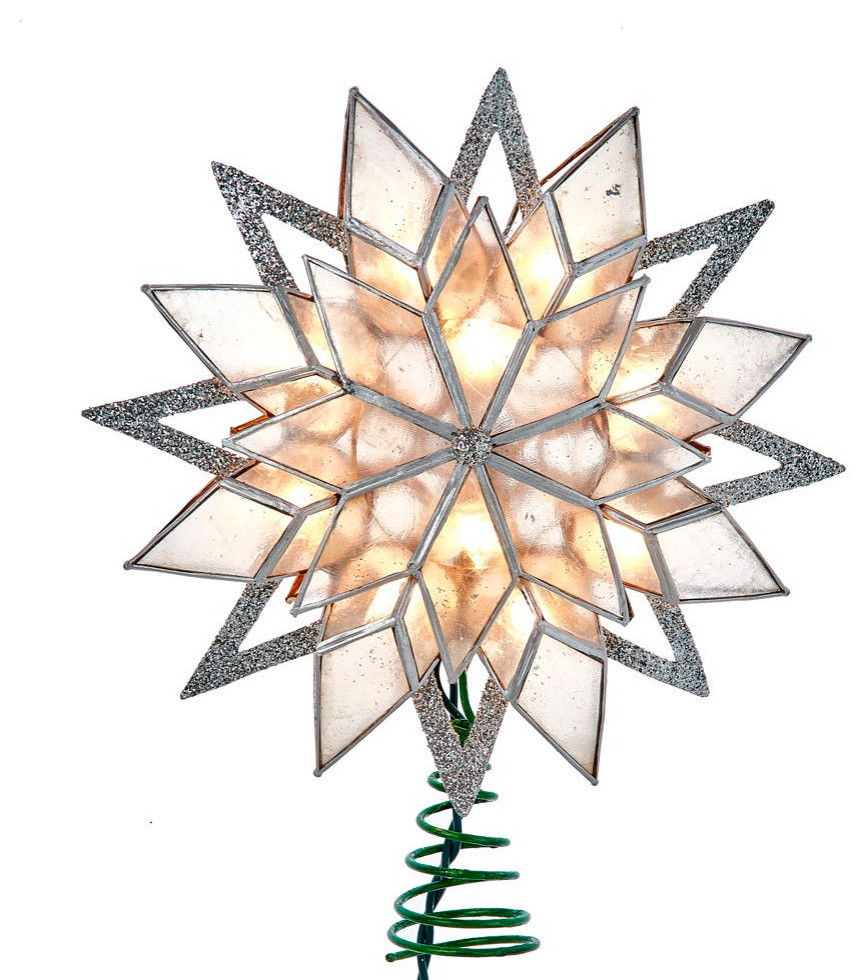 Kurt Adler 10Light 8Point Silver Glitter Capiz Star Tree Topper Christmas Ornaments by