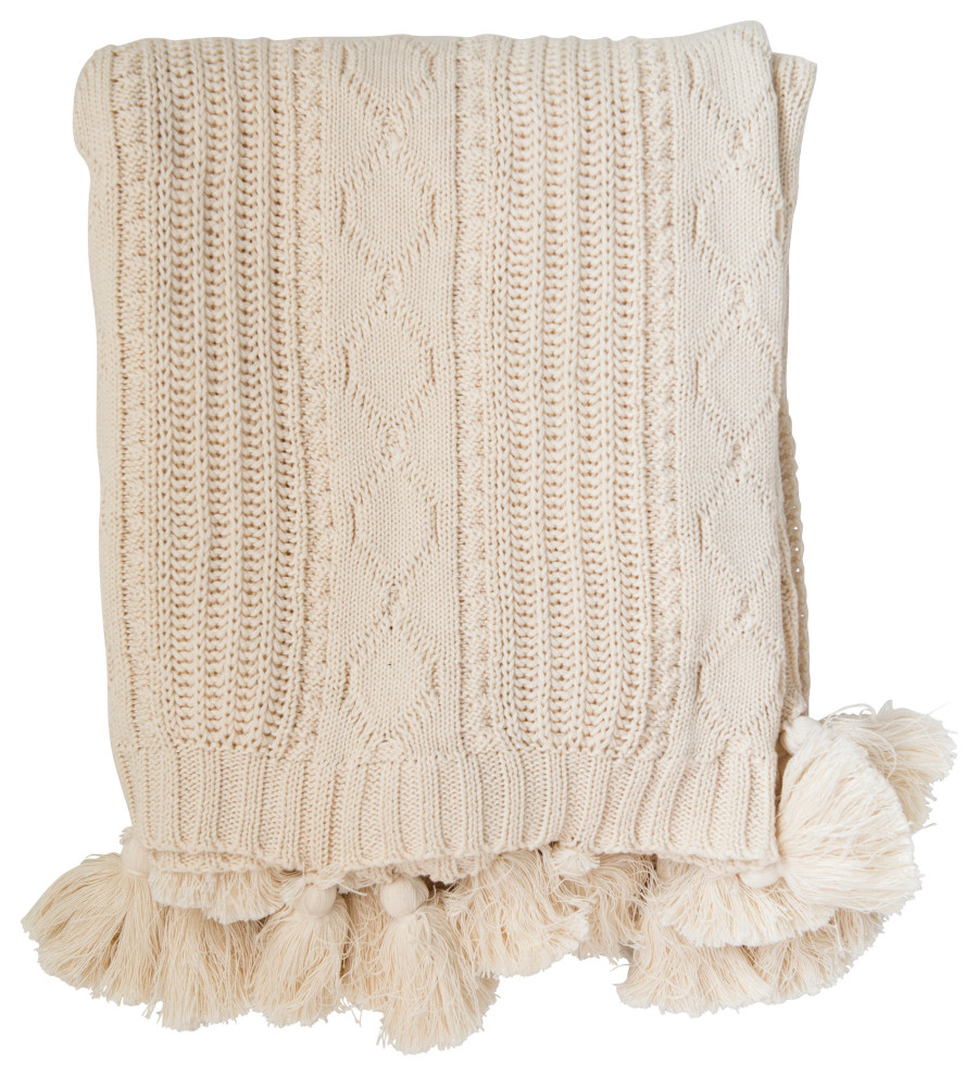 Chunky Cable Knit Cream Cotton Throw With Tassels
