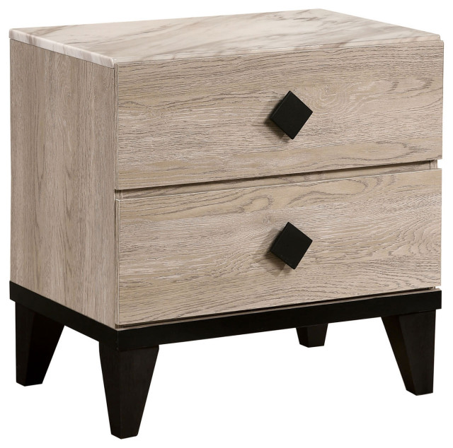 2 Drawer Wooden Nightstand with Grains and Angled Legs, Cream