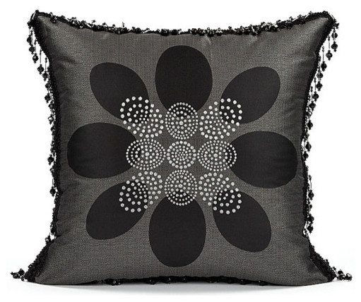 Jacquard Beaded Trim Throw Pillow Cover, Black, Charcoal Gray, 20"x20"