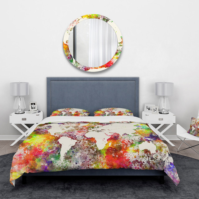 World Map in Great Colors Watercolor Map Duvet Cover Set, Twin + 1 Sham ...
