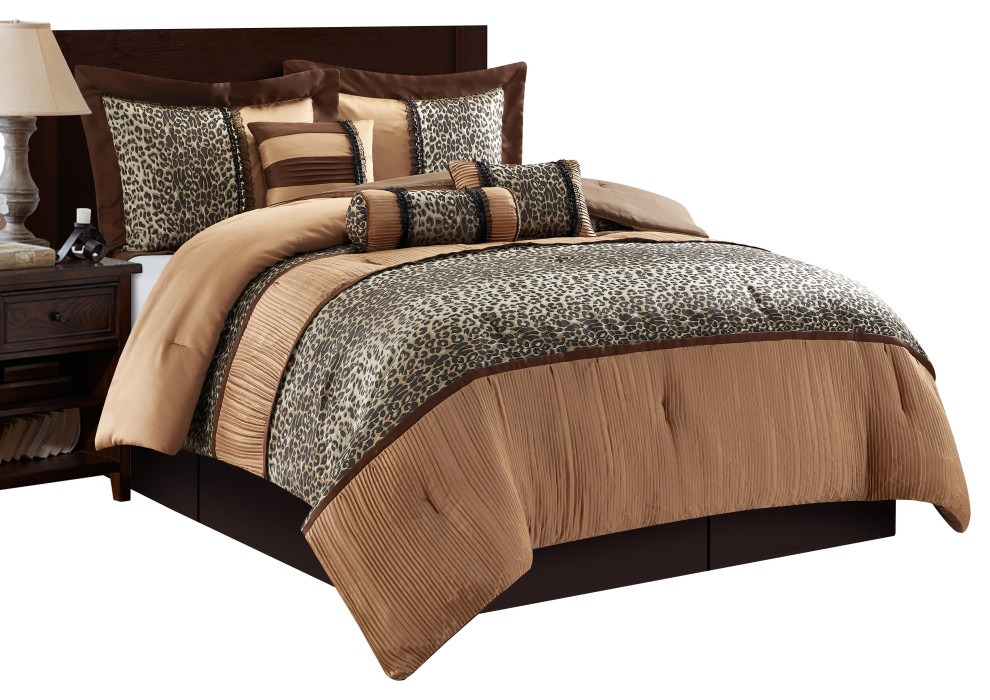Sadie Leopard Print 7Piece Comforter Set, Brown, Full Contemporary