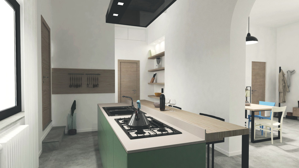 Idee per una grande cucina industriale con pavimento in cemento e pavimento grigio