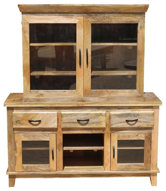 Aflon Rustic Mango Wood Gl Door Dining Room Hutch Cabinet