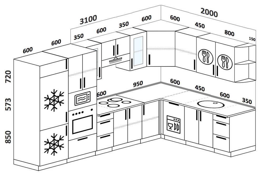 Кухонный гарнитур с пеналом и встроенным холодильником