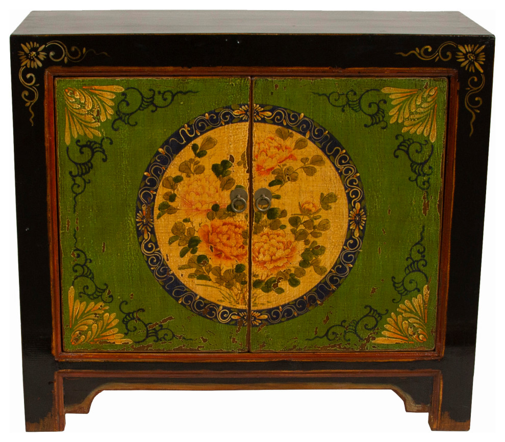 Green Gansu 2 Door Floral Asian Accent Chests And