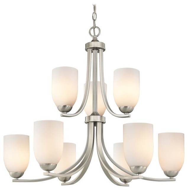 Nine Light Chandelier with Opal White Glass in Satin Nickel Finish