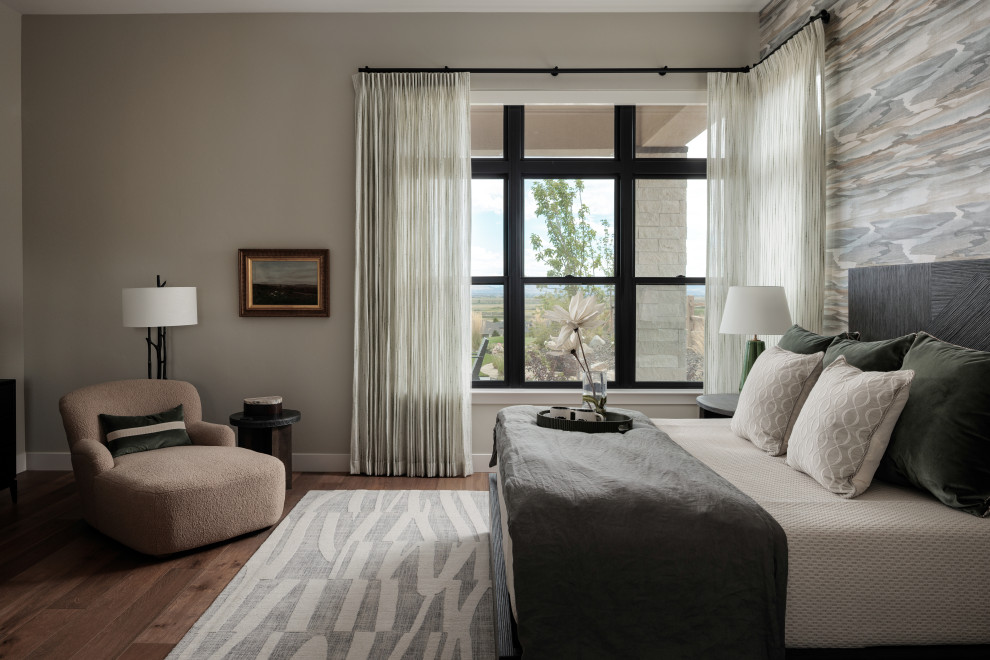 Bedroom - large transitional master medium tone wood floor, brown floor and wallpaper bedroom idea with gray walls