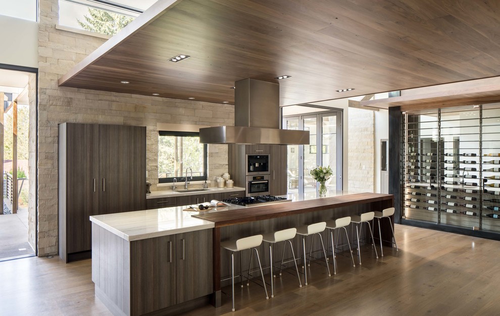 Modern kitchen in Denver with an undermount sink, flat-panel cabinets, dark wood cabinets, stainless steel appliances, medium hardwood floors and with island.