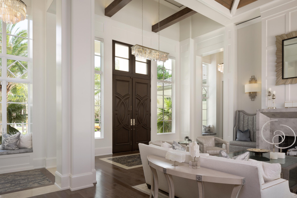 Transitional dark wood floor front door photo in Miami with a dark wood front door