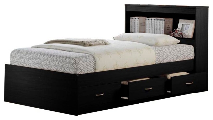 Hodedah Twin Captain Bed With 3-Drawers and Headboard, Black