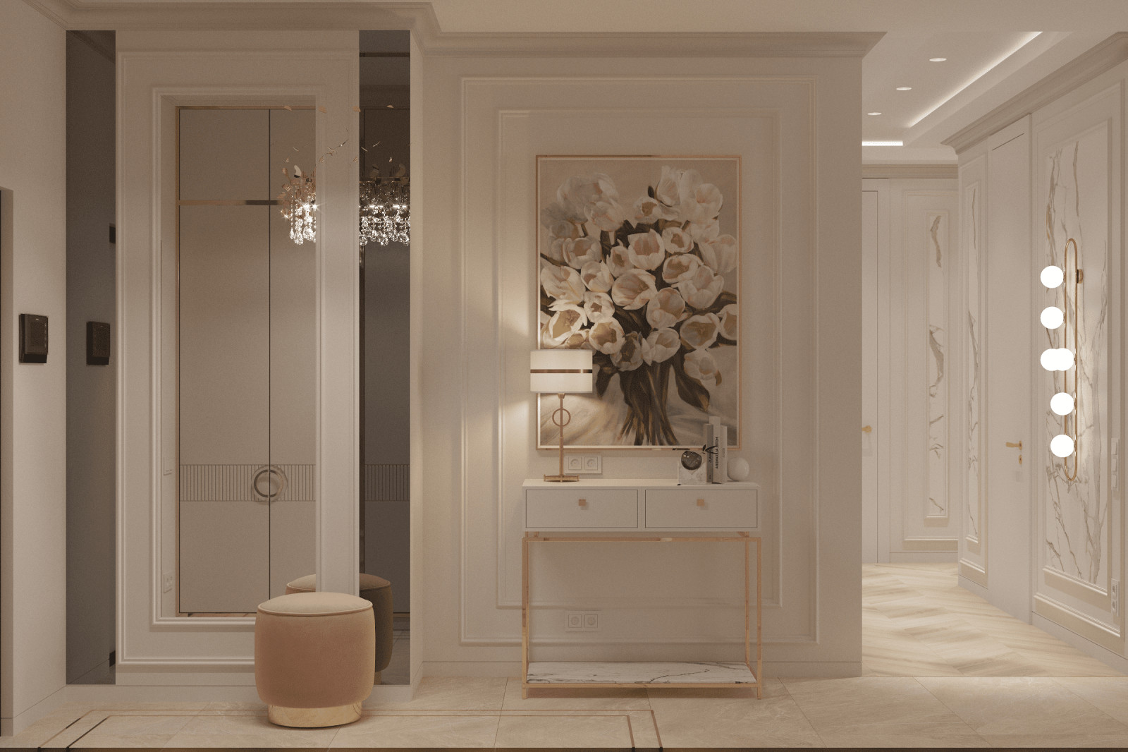 Просторная квартира в нежных оттенках со стильными элементами декора