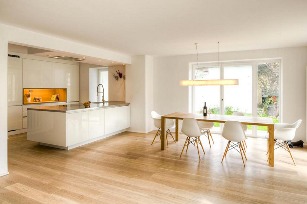 Photo of a large modern kitchen/dining combo in Stuttgart with light hardwood floors.