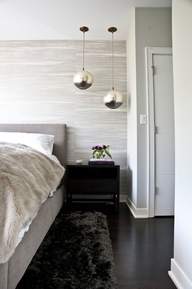 Example of a mid-sized minimalist master dark wood floor bedroom design in Chicago with gray walls