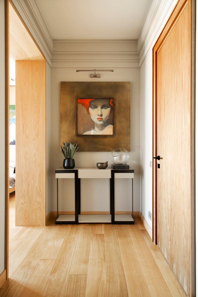 Inspiration for a contemporary hallway in Moscow with white walls and light hardwood floors.