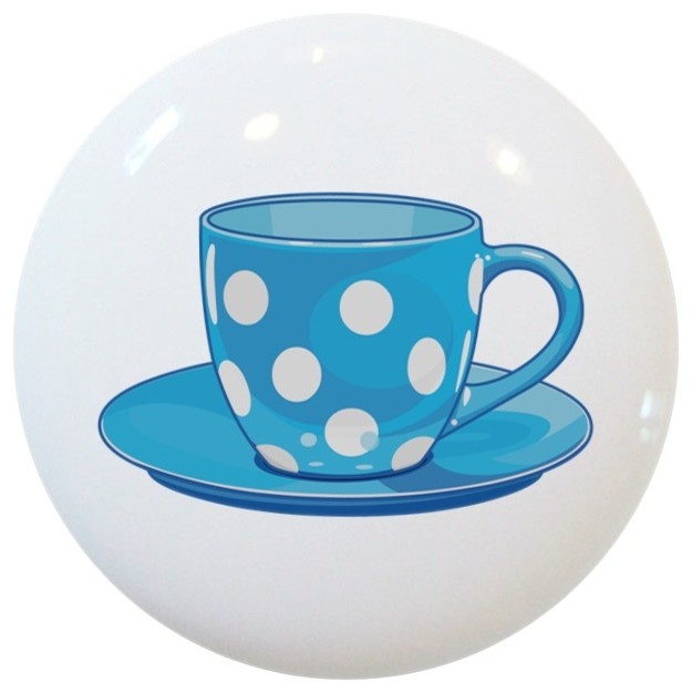 Blue Polka Dot Coffee Cup Ceramic Cabinet Drawer Knob Cabinet
