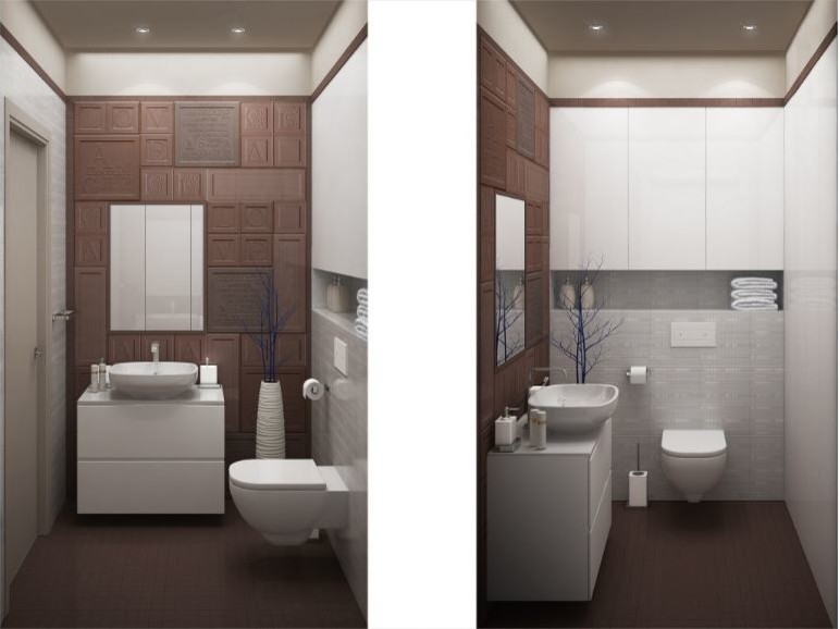 This is an example of a contemporary powder room in Saint Petersburg with white cabinets, a wall-mount toilet, ceramic tile, ceramic floors, a vessel sink and brown floor.