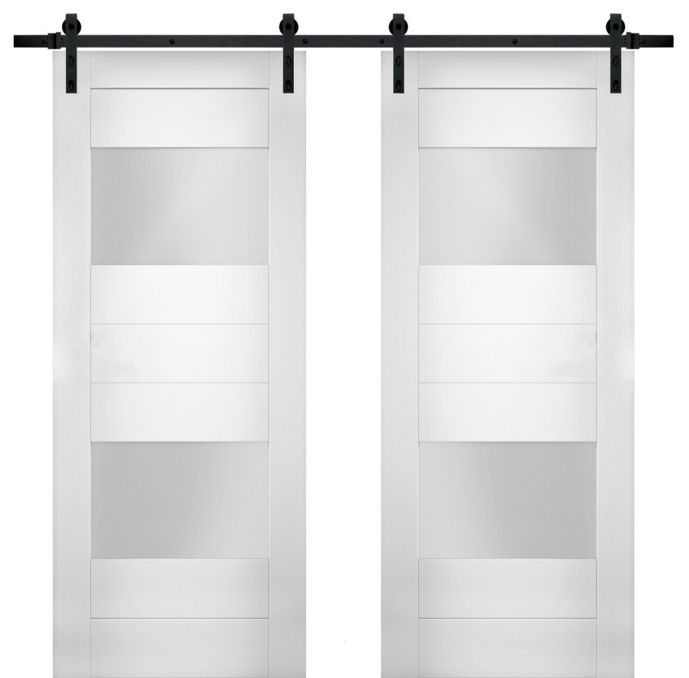 Double Barn Doors Opaque Glass Sete 6222 White Silk 13ft Rail Transitional Interior 