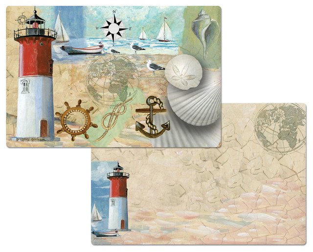 Vinyl Plastic Placemats Reversible Beach Nautical Lighthouse Set of 4