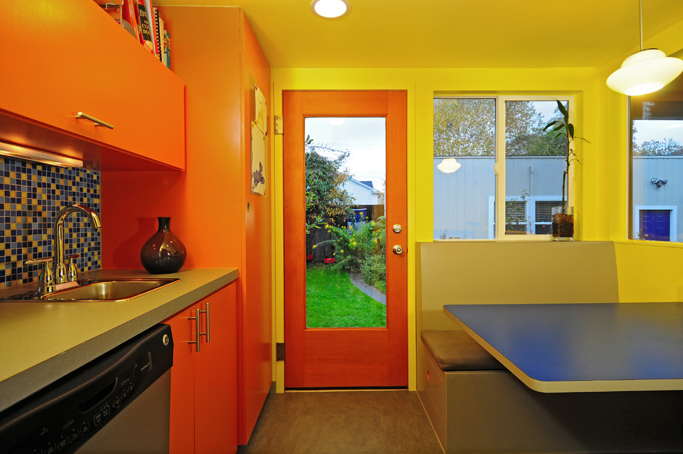 Mid-sized transitional galley linoleum floor eat-in kitchen photo in Seattle with a single-bowl sink, flat-panel cabinets, medium tone wood cabinets, laminate countertops, blue backsplash, mosaic tile backsplash, black appliances, yellow walls and no island