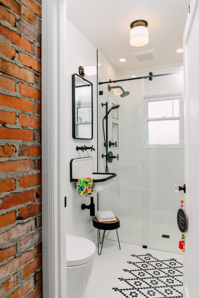 Photo of a small country 3/4 bathroom in Seattle with a curbless shower, a wall-mount toilet, white tile, ceramic tile, white walls, ceramic floors, a wall-mount sink, white floor, a single vanity and planked wall panelling.