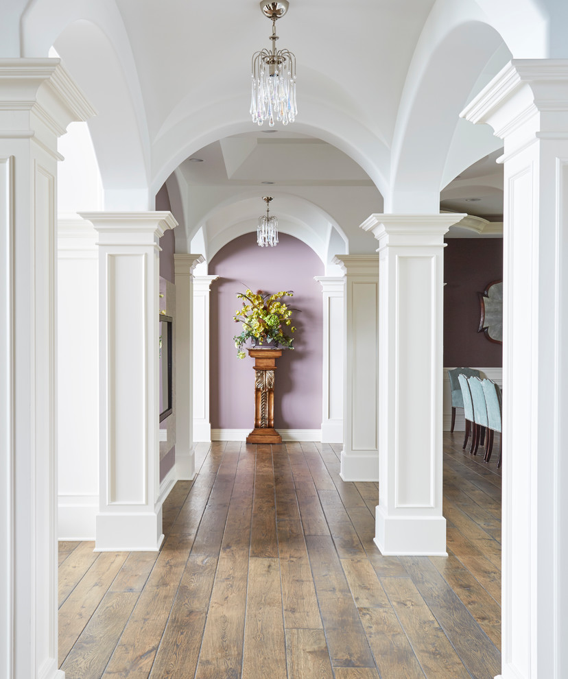 Inspiration for a large traditional hallway in Chicago with dark hardwood floors, brown floor and white walls.
