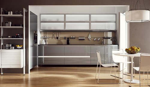 Modern kitchen with glossy gray aluminum kitchen cabinets and open shelving next to a light dining area