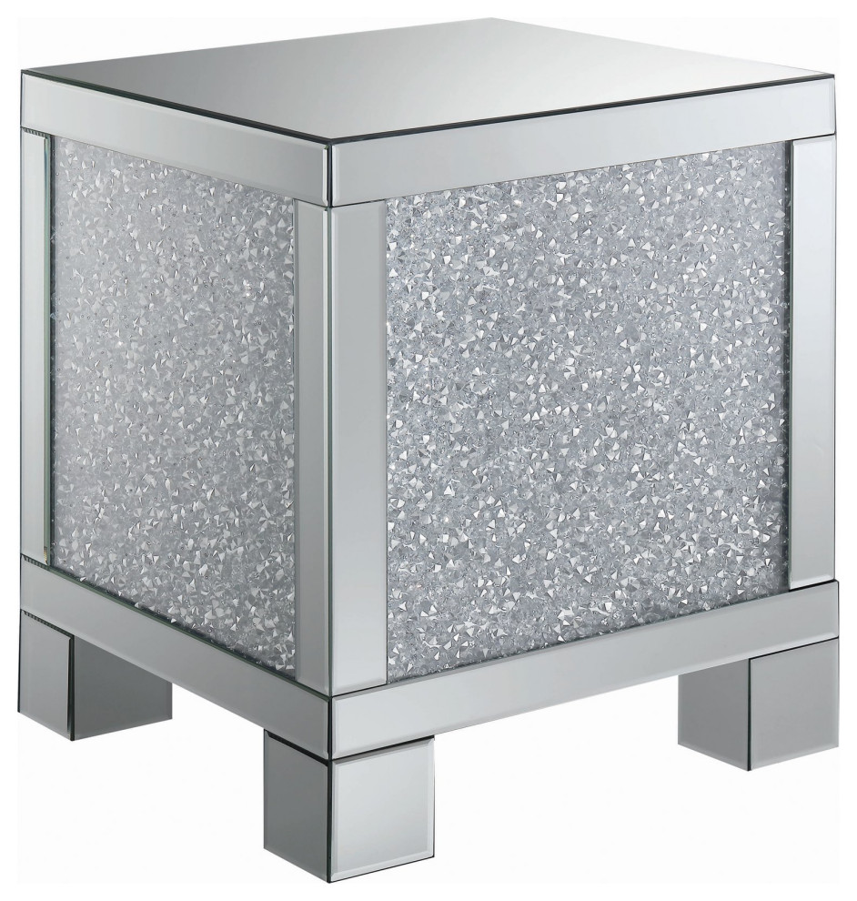 Elegant Side Table, Square Mirrored Design With Encrusted Crystal Side