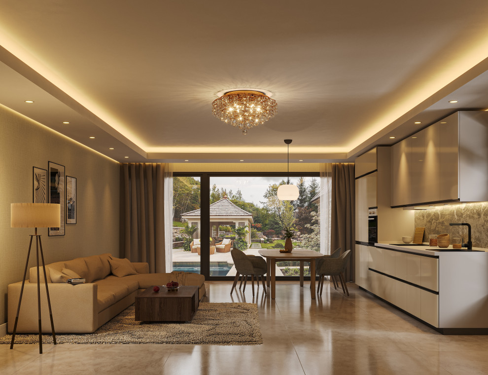 Визуализация гостиной-кухни в современном стиле