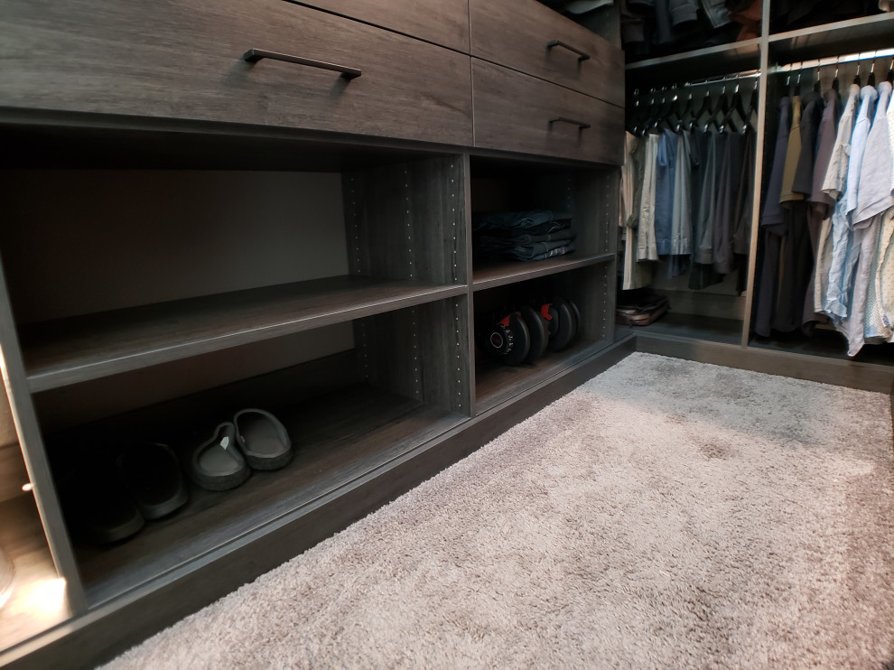 Walk-in closet - large modern gender-neutral carpeted, gray floor and vaulted ceiling walk-in closet idea in Houston with gray cabinets