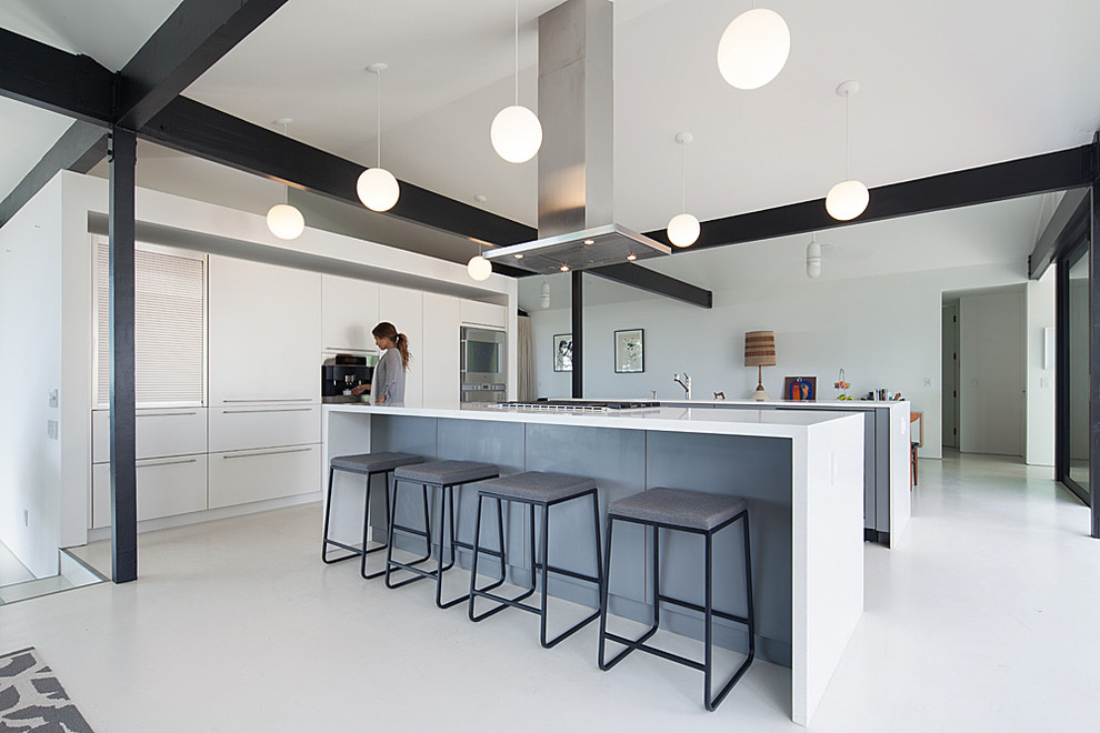 Photo of a contemporary kitchen in Los Angeles with flat-panel cabinets, white cabinets, stainless steel appliances, concrete floors and multiple islands.