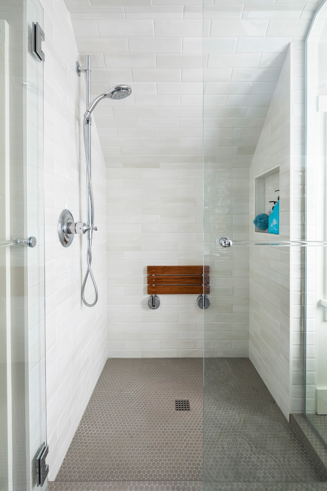 Inspiration for a mid-sized transitional master white tile and ceramic tile gray floor and ceramic tile freestanding bathtub remodel in Seattle with an undermount sink, quartz countertops, a hinged shower door and white walls
