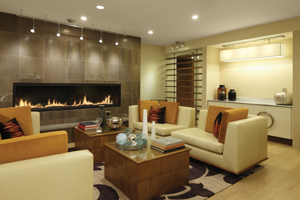 Contemporary formal open concept living room in Vancouver with beige walls, a ribbon fireplace, no tv and beige floor.