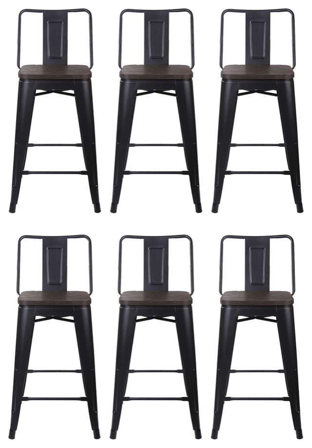 Highback Black Metal Bar Stools, Dark Wooden Seat, Set of 6