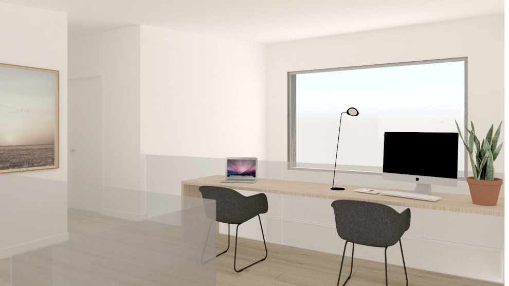 Mittelgroßes Modernes Arbeitszimmer mit Studio, weißer Wandfarbe, hellem Holzboden und freistehendem Schreibtisch in Sonstige