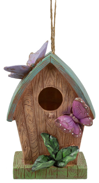 10" Brown and Green Hanging Birdhouse with Butterflies Outdoor Garden Decor 