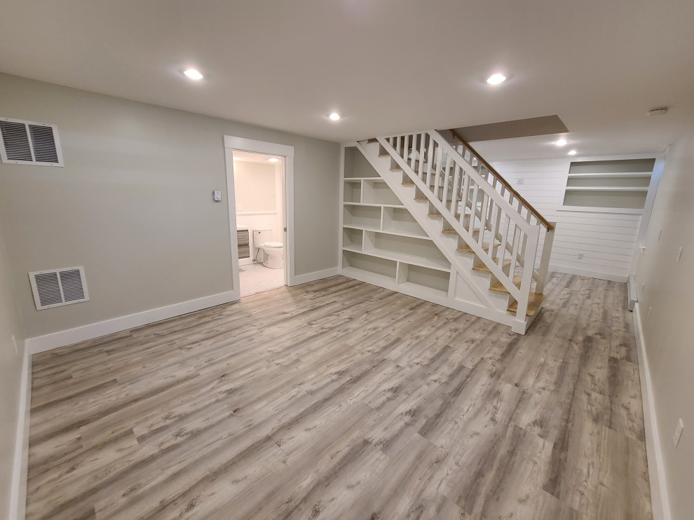 Finished basement stairs, bathroom, flooring, finish carpentry