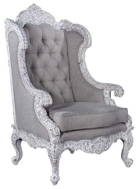 Wingback Chair Antiqued White Intricate Carved Wood Linen Tufted