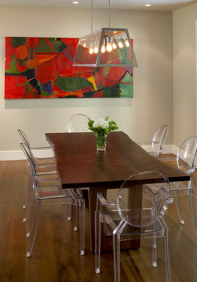 Design ideas for a contemporary dining room in San Francisco with beige walls and dark hardwood floors.