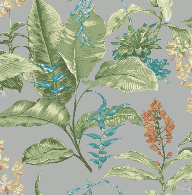 Maui Gray Botanical Wallpaper Tropical Wallpaper by Brewster Home