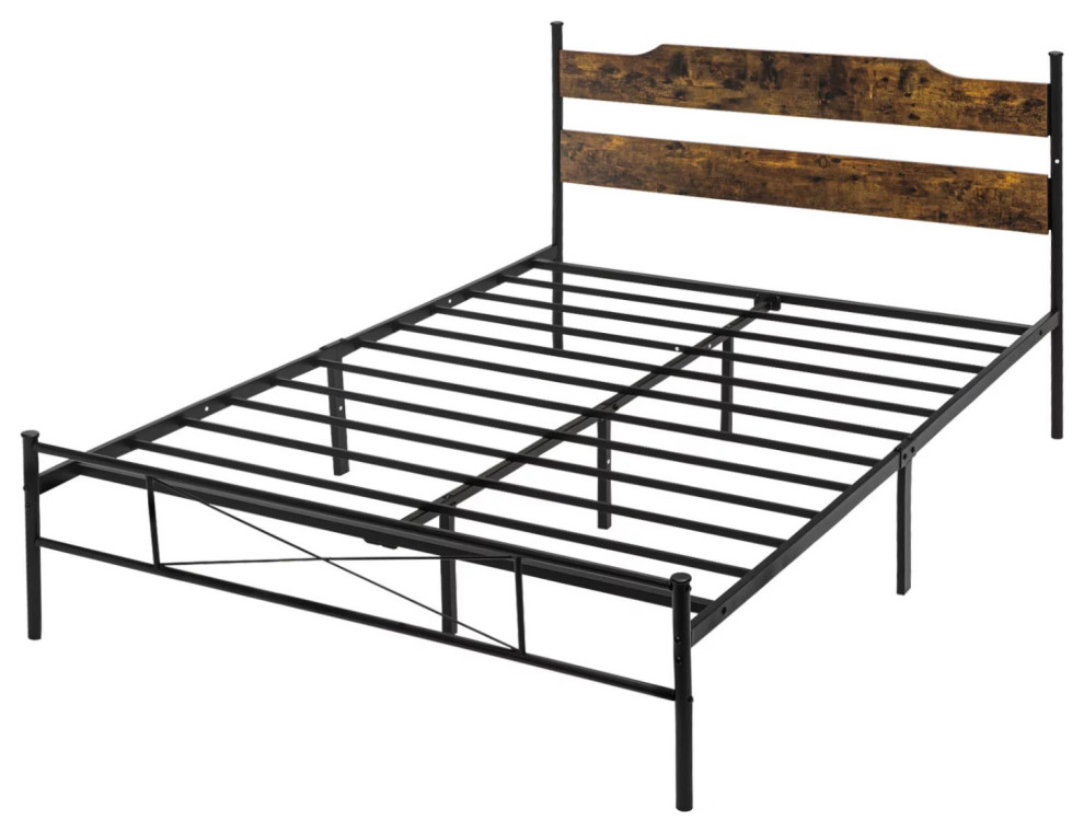 Rustic Queen Bed Frame, Wooden Headboard With Metal Slats, Dark Brown