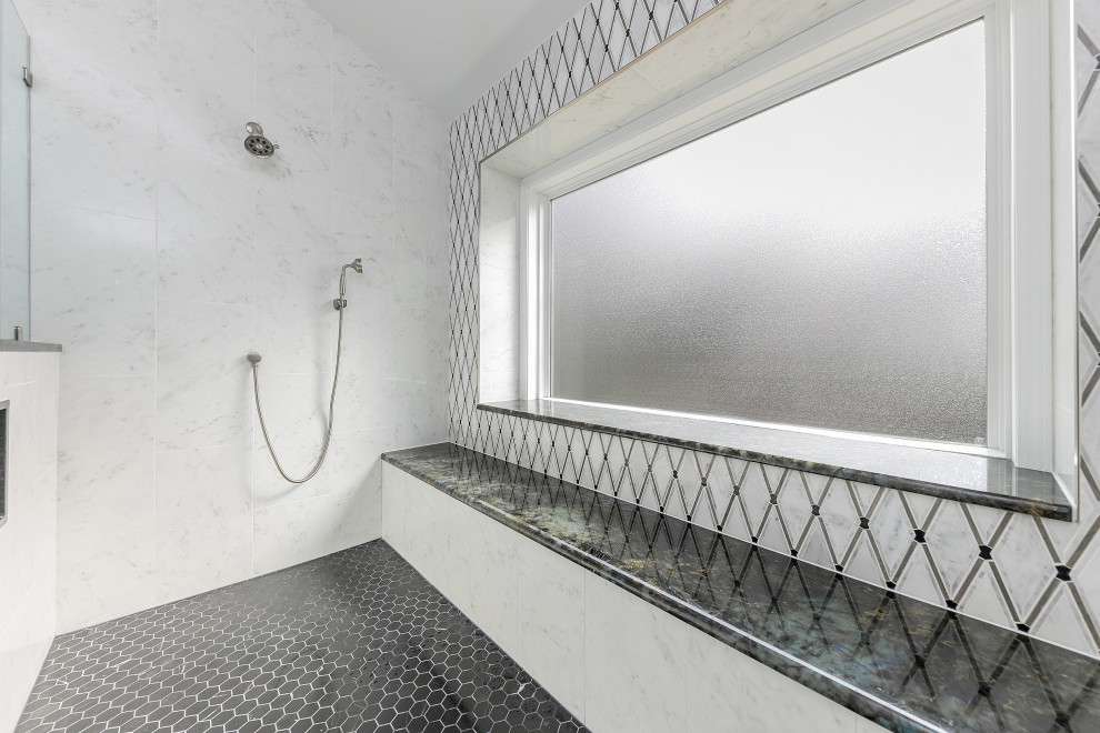 Transitional master white tile and ceramic tile open shower photo in Philadelphia with recessed-panel cabinets, white cabinets, granite countertops and black countertops