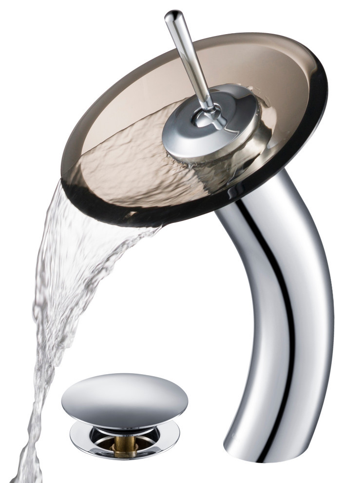Glass Waterfall Vessel Bathroom Faucet Chrome w Drain, Clear Brown Glass