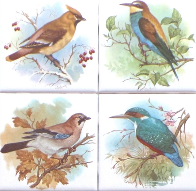 Beautiful Birds Ceramic Tile set 4 of 4.25" x 4.25" Kiln Fired Song Bird Decor